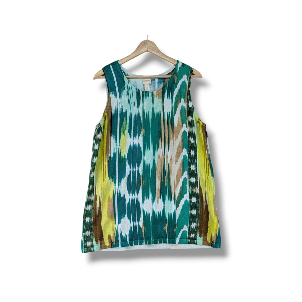 Chicos Abstract Ikat Knit Tank Top Teal Green Sleeveless Sweater Shell Size 3 XL